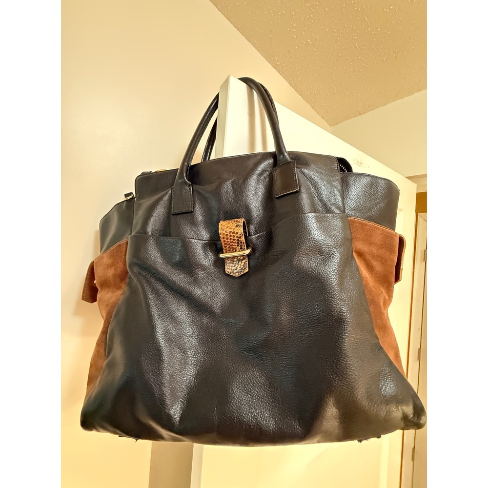 Via Repubblica Black Leather & Brown Suede Snakeskin Mixed Media Tote Bag  Italy